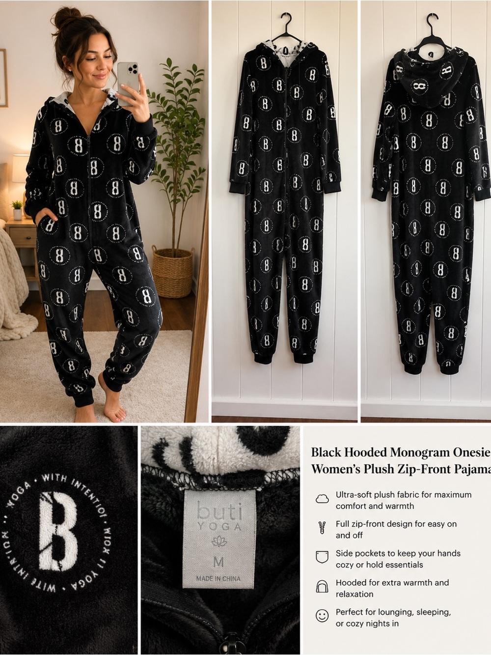 Black Hooded Monogram Onesie - Women's Plush Zip-Front Pajama